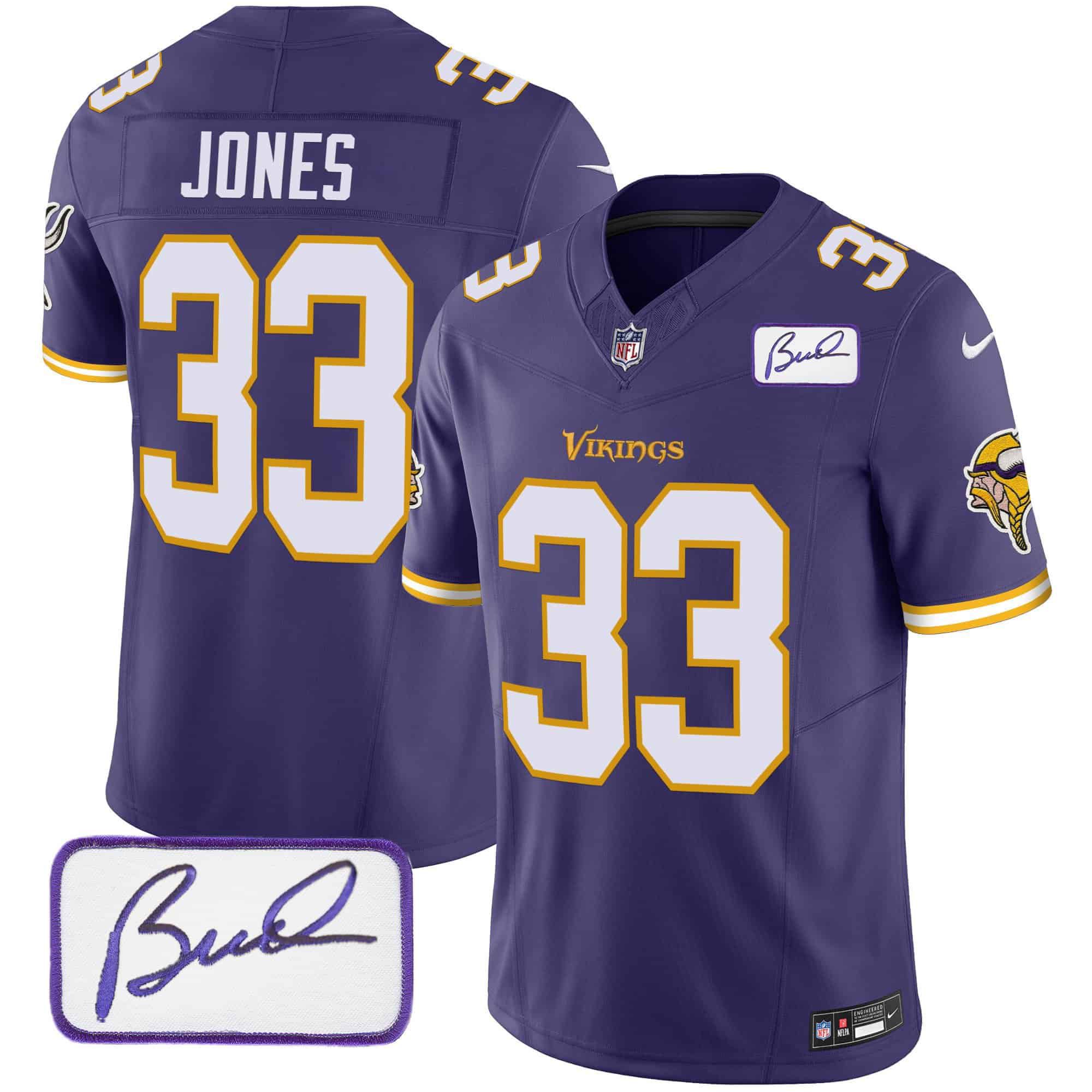 Men Minnesota Vikings #33 Jones Purple 2024 Nike Bud Grant Patch Classic Limited NFL Jersey style 1